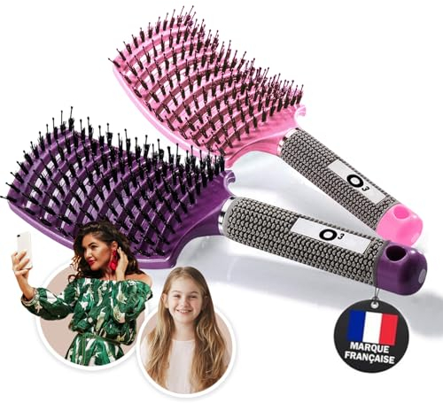 2 Brosses à Cheveux en Poils de sanglier- Démélant 100% Narurel - Démêler sans larmes ! Set Brosses (Rose et violette)