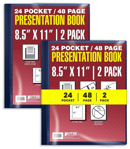 24 Pocket Bound Presentation Book, Blue, Clear View Front Cover, 48 Sheet Protector Pages, 8.5 x 11 Sheets, by Better Office Products, Art Portfolio, Durable Poly Covers, Letter Size (2 Pack)