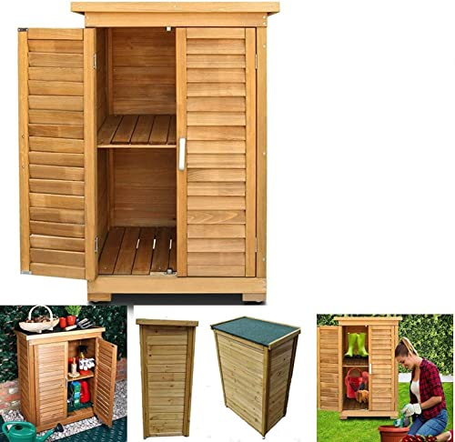 FEFE® Wooden Outdoor Garden Lawn Cabinet Tool Storage Shed With Shelf, Cupboard, Double Doors, and Hinged Roof - Compact Chest for Outdoor Storage
