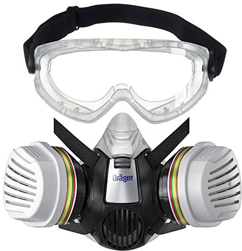 Dräger X-plore 3300 Halbmasken-Set für Chemiearbeiten mit Vollsichtschutzbrille X-pect 4400 & ABEK1 Hg P3-Kombifilter | Schutz vor Dämpfen, Gase, Partikel & Staub