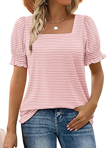 WIHOLL Shirts for Women 2026 Summer Outfits Spring Tops Travel Cruise Essentials Short Sleeve Business Casual Clothes Going Out Teacher Pink Stripe XL
