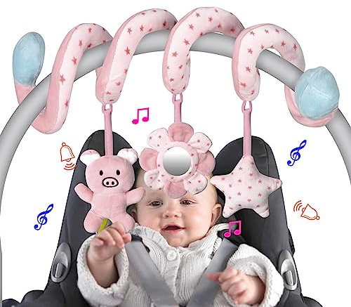 SAMMAS Car Seat Toys, Infant Baby Pink Pig Spiral Activity Hanging Toys Stroller Toys for Car Seat Stroller Bar Crib Bassinet Mobile with Mirror BB Squeaker and Rattles