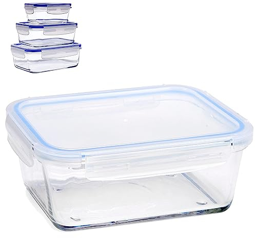 Oceano Set 3 contenitori Per Alimenti Box Active ermetici Vetro Borosilicato con Coperchi adatto per forno microonde lavastoviglie Pranzo al Sacco Take Away Cibo Asporto Scuola Ufficio Campeggio