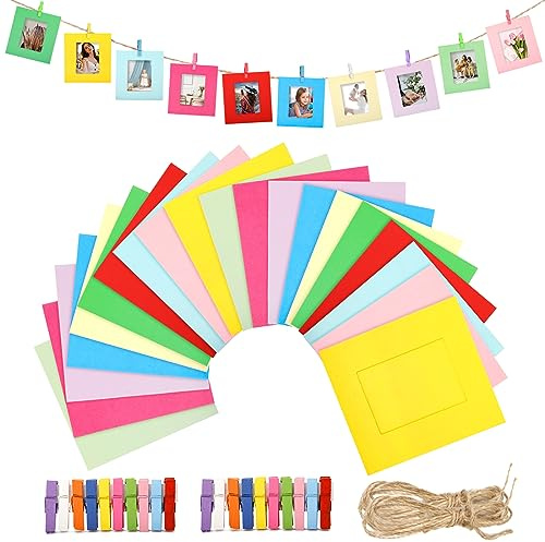 G2PLUS 20PCS Cadres Photo en Papier, Cadres en Carton 9.5 * 9CM DIY Kraft Papier Cadres Mini Clips en Bois et Cordes en Chanvre pour la décoration Murale de Photos à la Maison