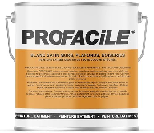 Peinture blanc satin intérieur murs, plafonds, plâtres, fer, bois, radiateur, 2 en 1, Impression et Finition PROFACILE 2.5 litres