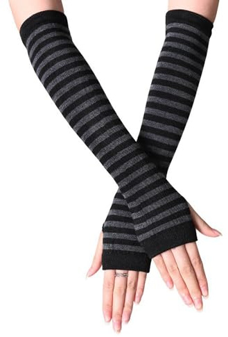 UTTPLL Womens Punk Gothic Long Arm Warmers Fashion Striped Fingerless Gloves Winter Warm Knitted Stretchy Mitten Thumb Hole Wrist Warmer Halloween Costume Stripe Black Grey
