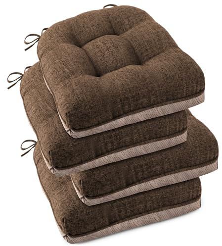 OVOV Seat Cushions for Dining Chairs, Dining Chair Cushions Set of 4, Tufted Kitchen Seat Pads with Ties and Non-Slip Backing 46X46X8cm/18 X18 X3 (Coffee)
