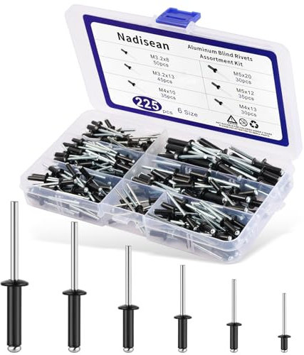 Nadisean 225 Piezas Remaches Ciegos de Aluminio, 6 tamaños de Remaches Aluminio, 3.2/4/5mm Remaches Negros de Brida Grande, Remaches Pop Con Caja para Metal Madera Plástico