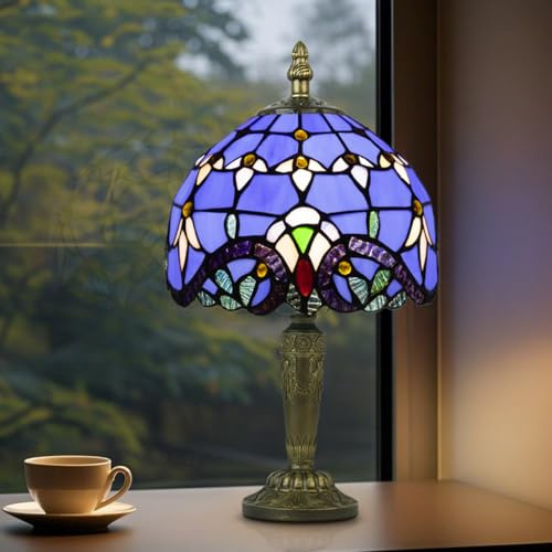 8 Inch Small Tiffany Style Table Lamp, Blue Baroque Stained Glass Lamp