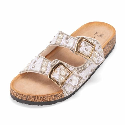 JOMIX Mules Femme avec Strass Sandales avec Boucle été Décontractées pour la Piscine Douche Plage (Blanc,37)
