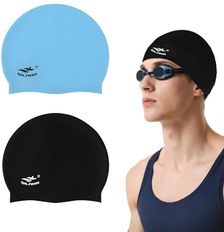Pack de 2 gorros de baño para mujer, unisex, gorro de baño de silicona, gorro de natación para mujer, gorro de natación hipoalergénico para mujer, gorro de baño de pelo largo para mujer, con bordes