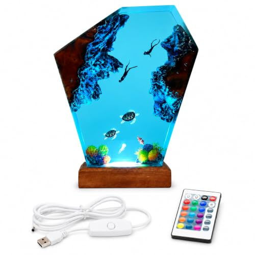 Drawelry Ocean Epoxy Resin Lamp with LED, Handmade Shark Diver Night Light, Deep Sea Decor for Desk Bedroom, Unique Birthday Gift for Men Dad Diving Lovers (Turtle & Baby Turtle)
