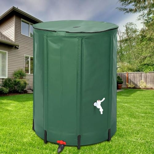 SAYEYBU Foldable Rain Barrel, Collapsible Water Collection Storage Tank, Sturdy Weather Resistant PVC Rain Container Bucket with Drain Valve Filter Mesh Overflow for Garden Plant Watering,Green,50L