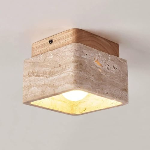 DLGLOLIN Plafoniera in Travertino Giallo Naturale Quadrato Legno Lampada da Soffitto Vintage Lampada da Soffitto per Camera Soggiorno Cucina Corridoio