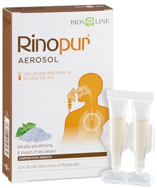 BIOS LINE Rinopur Aerosol 10 ampuller medicinsk apparat, idealisk för att upprätthålla epiteltrofismen i de första andningsvägarna, främja hydrering och eliminering av överskott av slemavlagringar