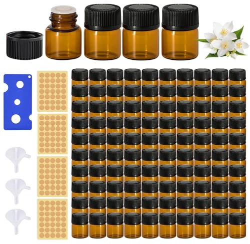 Miniflaskor för eteriska oljor, 100 stycken 1 ml mini brunt glas glasflaskor, bruna tomma glasflaskor, eteriska oljeflaskor med klistermärken, tratt och flasköppnare för aromaterapi och massage