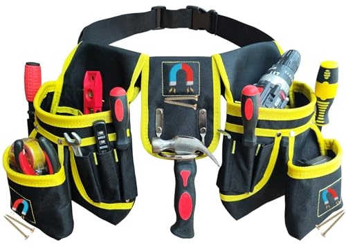 Sneulletoys Tool Belts Pouch for Men，Heavy Duty Tool Pouch Belt with 26 Pockets and a Hammer Holder,Detachable Adjustable Magnetic Professional Work Tool Belt for Electricians Carpenters Builders
