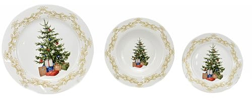 Servizio Piatti 18 Pezzi in Porcellana Bone China per 6 Persone Decoro natale Albero di Natale con Pacchi Regalo Motivo Natalizio con Rifiniture Oro Idee Regalo Natale casa