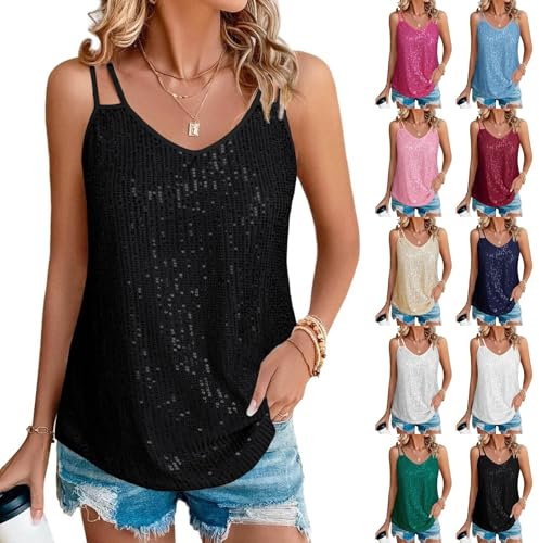 Generisch Top à paillettes pour femme - Noir - Débardeur de fête - Sexy - Paillettes - Élégant - Bretelles spaghetti - Col en V - Gilet disco à bretelles - Chemisier à paillettes, rose, L