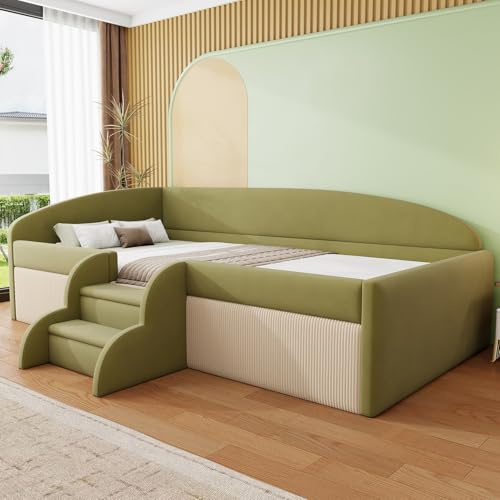 PUGSDRLY Lit Enfant 1 Place 90x190cm,Canapé Lit Velours,avec Marches et Barrières,pour garçons et Filles,sans Matelas (Vert-A)