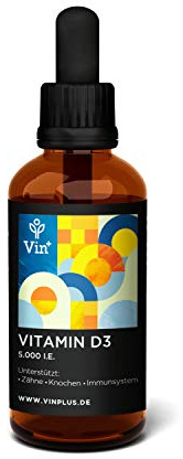 Vinplus Vitamin D3 5000 IE Tropfen - Depot, flüssig, hochdosiert - Für Zähne, Knochen & Immunsystem - 50 ml (1.700 Tropfen) - 5000 ie/iu je Tropfen