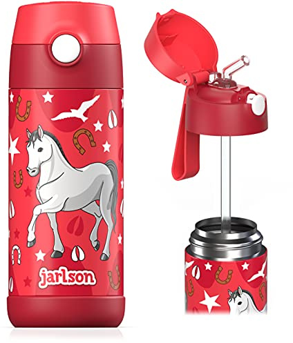 Jarlson® Charli Barnflaska i rostfritt stål med sugrör – termosflaska på 350 ml – TÜV-certifierad – BPA-fri – läckagesäker – isolerad vattenflaska för skola, dagis (häst)