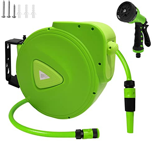 XMTECH Schlauchtrommel Wasser Automatik 30m + 2m Schlauch Wandmontage 180° Schwenkbarer Schlauchaufroller 3/4 Anschluss Gartenschlauch Schlauchbox für Garten, Bewässerung, Autowäsche