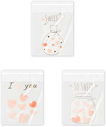 Jagowa 100 Pcs Self Adhesive Cookie Bags, Transparent Plastic Packaging Bags for Food (Heart Bottle)