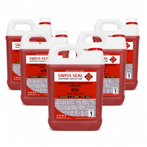 Swiss Seal | RED Coloured Imprinted Concrete Sealer GLOSS FINISH + ANTI-SLIP | Colour Tinted Driveway & Patio Sealant - Wet Look | Colour Tint Sealant For Outdoor Concrete Floor (5 x 5 Litre)