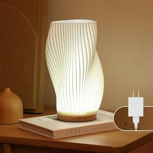 UYKKE Lampada da comodino base in legno - Lampada da tavolo con controllo a pulsante per camera da letto dimmerabile in 12 modi, con paralume in PLA per soggiorno (Bianco-A, Grande)