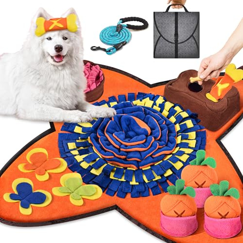 Snuffle Mat for Dogs 32''X20'' for Large Dogs with Dog Leash, Nosework Interactive Sniffing Mat for Cats Rabbits, Slow Feeding Mat for Foraging and Stress Relief (Orange, 32x20)