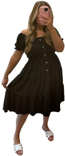 eyes Womens Off Shoulder Midi Dress Bardot Puff Sleeve Tiered Summer Dress Ladies Shirred Waist Button Front Flowy Holiday Dress Casual Beach Wedding Guest Dress UK Black