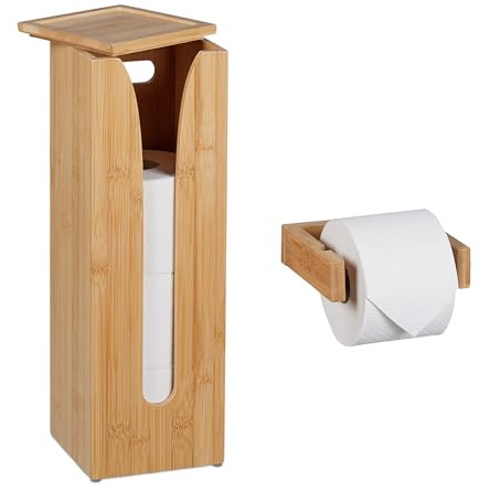 Relaxdays Portarotolo e Supporto per Carta Igienica, in bambù, 4 Rotoli, Sostegno a Parete, Autoportante, Naturale