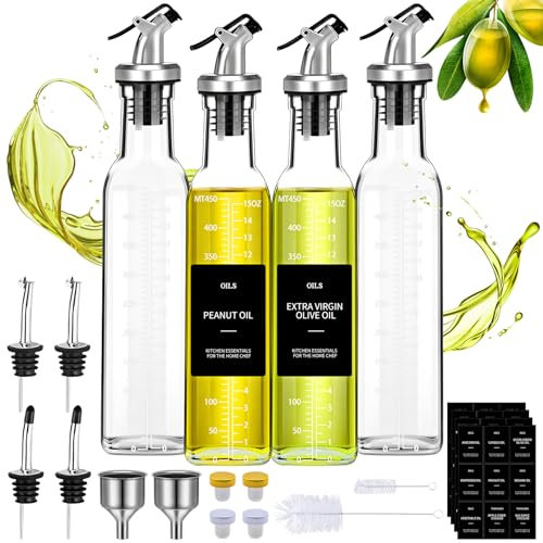 KIMIGO Lot De 4 Bouteille Huile Olive,500ml Distributeur D'huile D'olive,Récipient Vinaigre en Verre avec Bec Verseur,Entonnoir en Acier Inoxydable,Étiquettes,pour Cuisine,Grillades,Cuisson,Salade