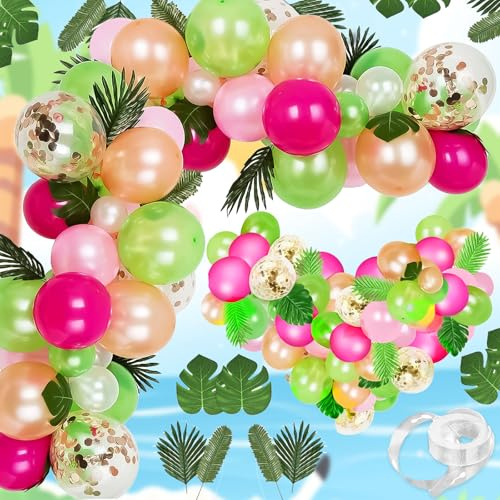 Brateuanoii 83 Stück Luftballons Girlande Kit Tropische Party, Mit Konfetti Ballons Palmblättern, Sommer Hawaiian Tropische Geburtstags Deko, Sommer Kindergeburtstags Party Luftballon Deko