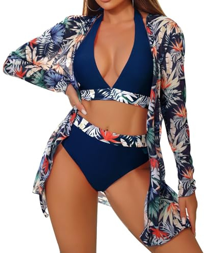 TERODACO 3 Piece Womens Bikini Sets Halter Neck Removable Padded Swimming Costume Women Soft Quick Dry Cover Ups for Ladies Beachwear Swimsuit Bathing Suit,Seamless Lightweight 6011 Navy S