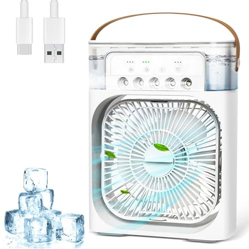Anluomania Climatiseur Mobile Portable, Refroidisseur d'air 4 en 1, Mini Climatiseur Portable 600ML, Mini Air Climatiseur Ventilateur 3 Vitesses, 3 Modes de Brume, 7 Veilleuse, 2-8H Timer, pour Bureau