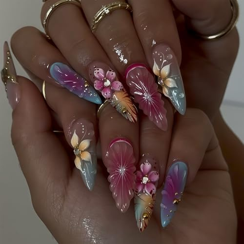 Auroriel 24 pièces ongles pressés faits à la main amande en rose, lilas et nude avec fleurs 3D, design tranches de fruits, motif étoiles, faux ongles acryliques réutilisa