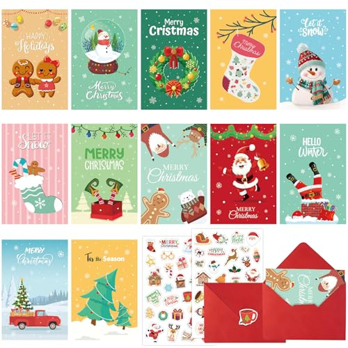 LAXISCREED Set de 12 Tarjetas de Navidad con Sobres y 58 Pegatinas – Tarjetas Plegables 10×15 cm con Diseños Festivos y Bonitos, Ideales para Familia, Amigos y Regalos
