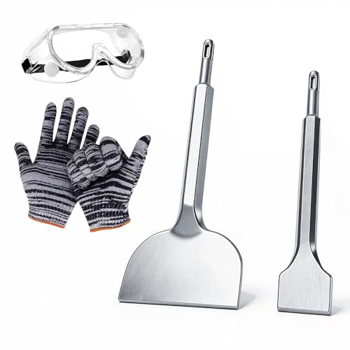 Gifcomda SDS PLUS Juego de cinceles - 4 uds 280 x 100mm (angulado) + 250 x 40mm + Gafas de protección + Guantes de trabajo, para azulejos, piedra natural, hormigón, albañilería, etc.
