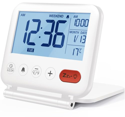 NOKLEAD Réveil de Voyage Mini Horloge Numérique LCD Portable avec Calendrier Rétroéclairé 12/24H Température Miroir de Maquillage Petite Horloge de Bureau Pliable à Piles (Blanc)