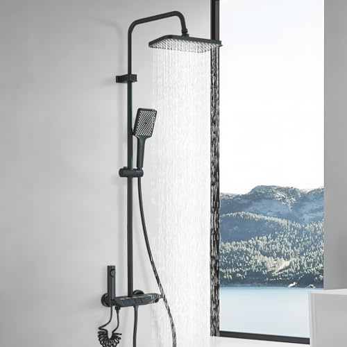 Colonne de Douche Noir Système de Douche Réglable en Hauteur Ensemble de Douche 4 Modes avec Pommeau Carré Douchette à Main