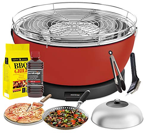 YesEatIs by FEUERDESIGN - Vesuvio Grill ROT - Kit mit ZÜNDGEL + Kohle 3 Kg + GRILLZANGE + Pizzastein mit Schaufel + Kuppel aus Edelstahl + Gemüse-Grillpfanne + Reinigungsbürste