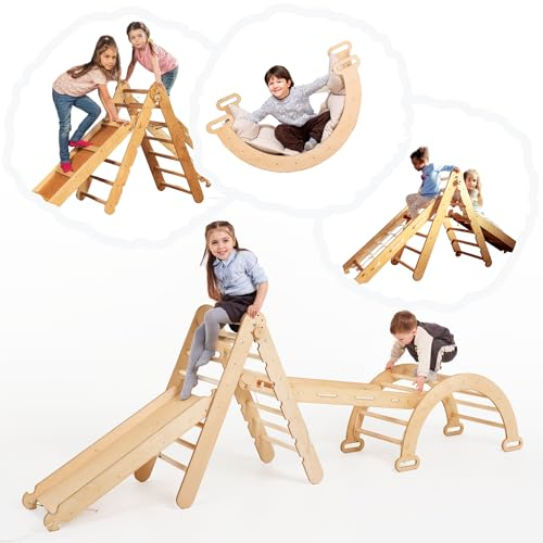 4-in-1 Telaio di Arrampicata per Bambini - Triangolo in Legno, Arco & Rampa di Arrampicata & Rete, Telaio di Arrampicata Montessori, Palestra in Legno per Bambini, 1-5 Anni