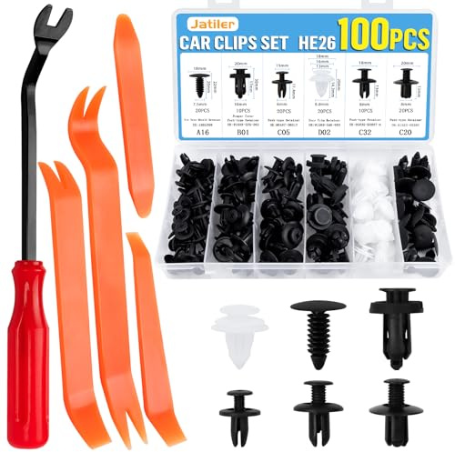JatilEr 100 Stück Befestigungsclips Auto Clips, Universal Karosserie Kunststoffnieten Befestigungssatz, 6 Arten Türverkleidung Klammern Stoßstangen + 4 Lösewerkzeug Zierleistenkeile + 1 Hebelwerkzeug