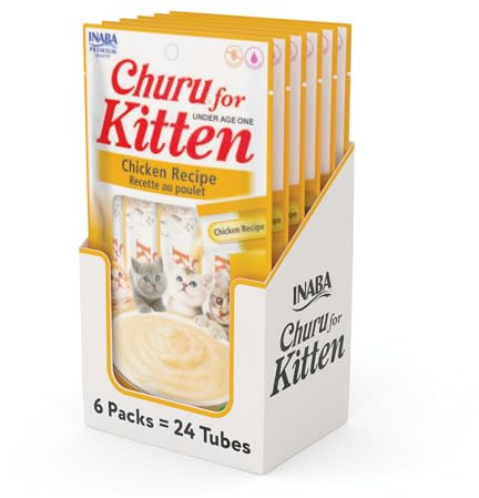 INABA Churu for Kittens, Creamy, Purée Lickable Cat Treats with DHA, EPA, Vitamin E & Taurine, 0.5 Ounces Each, 24 Tubes (4 per Pack), Chicken Recipe