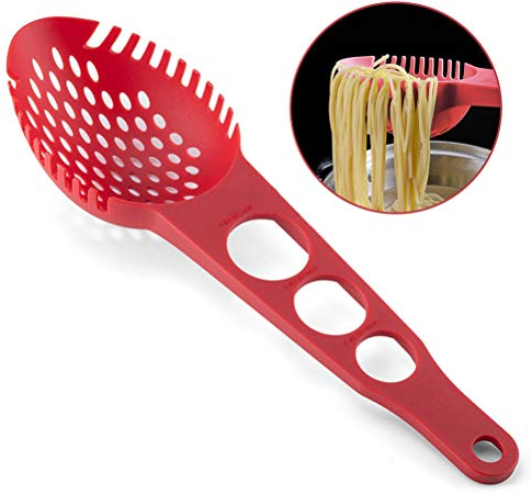 Cuchara espaguetis a 37 x 11 x 6 3 en 1 cuchara espaguetis multifunción cuchara pinza cuchara colador espaguetis herramienta de medición para cocina cocina cocina olla caliente (rojo)