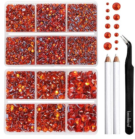 Beadsland SS6-SS30 Hotfix-strass, 6 080 st. orangefärgade strasstenar för kläder och hantverk, kit med 6 blandade storlekar, vaxpenna och pincett, hyacint | Orange strass, glasmaterial, SS6-SS30, för kläder, för hantverk, med vaxpenna och pincett