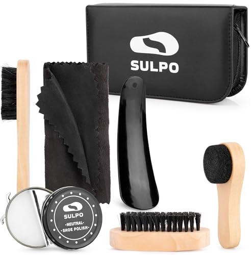SULPO Kit Pulizia Scarpe 8 Pezzi - Set Pennelli Viaggio - Pulizia Scarpe Pelle - Lucida Scarpe Neutro 2 Pezzi - Calzascarpe - Custodia in Pelle PU - Cura delle scarpe