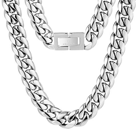 KRKC&CO Herren Panzerkette 14mm, Edelstahl Cuban Link Chain Silberkette, Miami kubanische Gliederkette für Männer, Silber Halskette Hip Hop Halskette für Jungen Größe 55,9cm